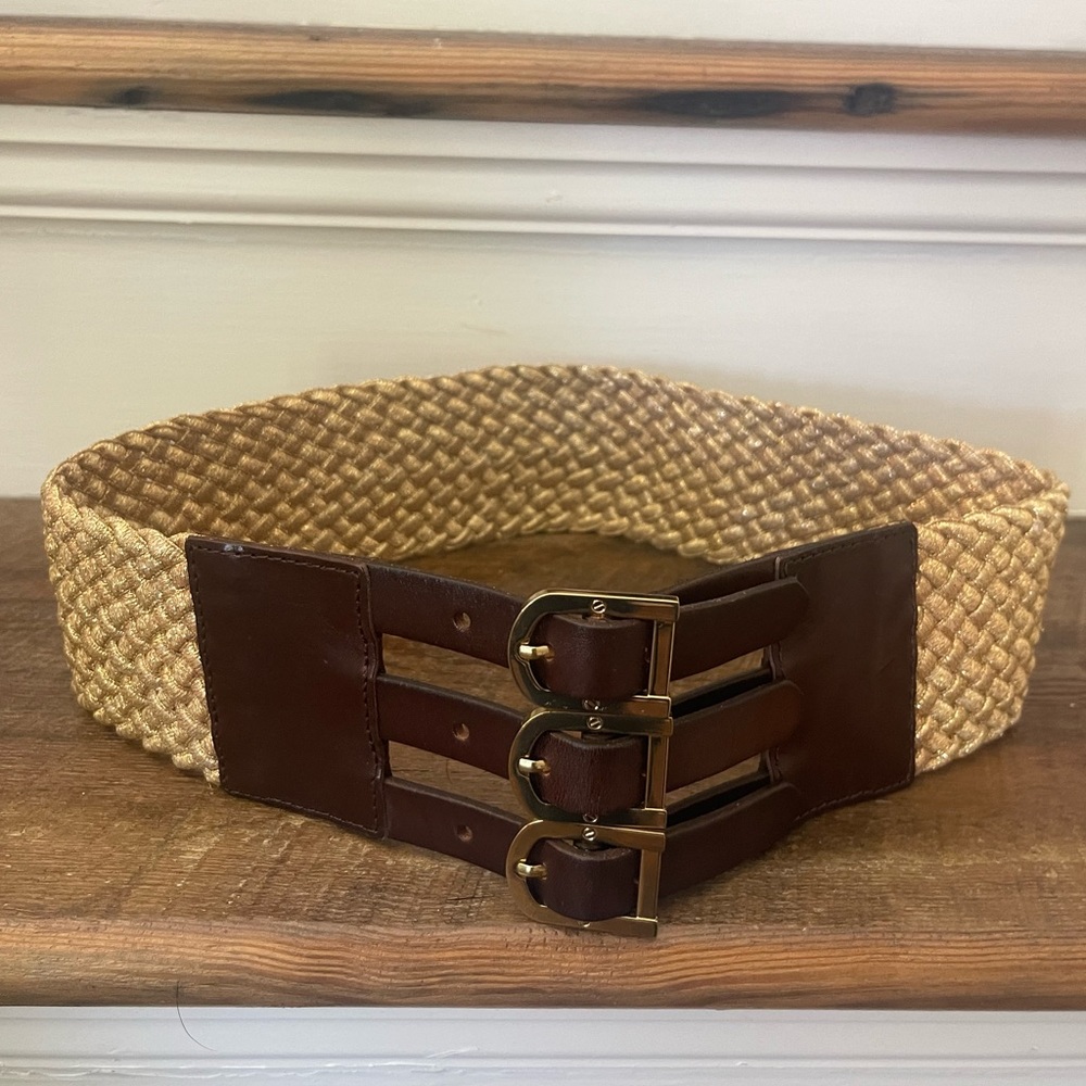 Tory Burch Gold Woven and Leather Triple Buckle Belt Medium